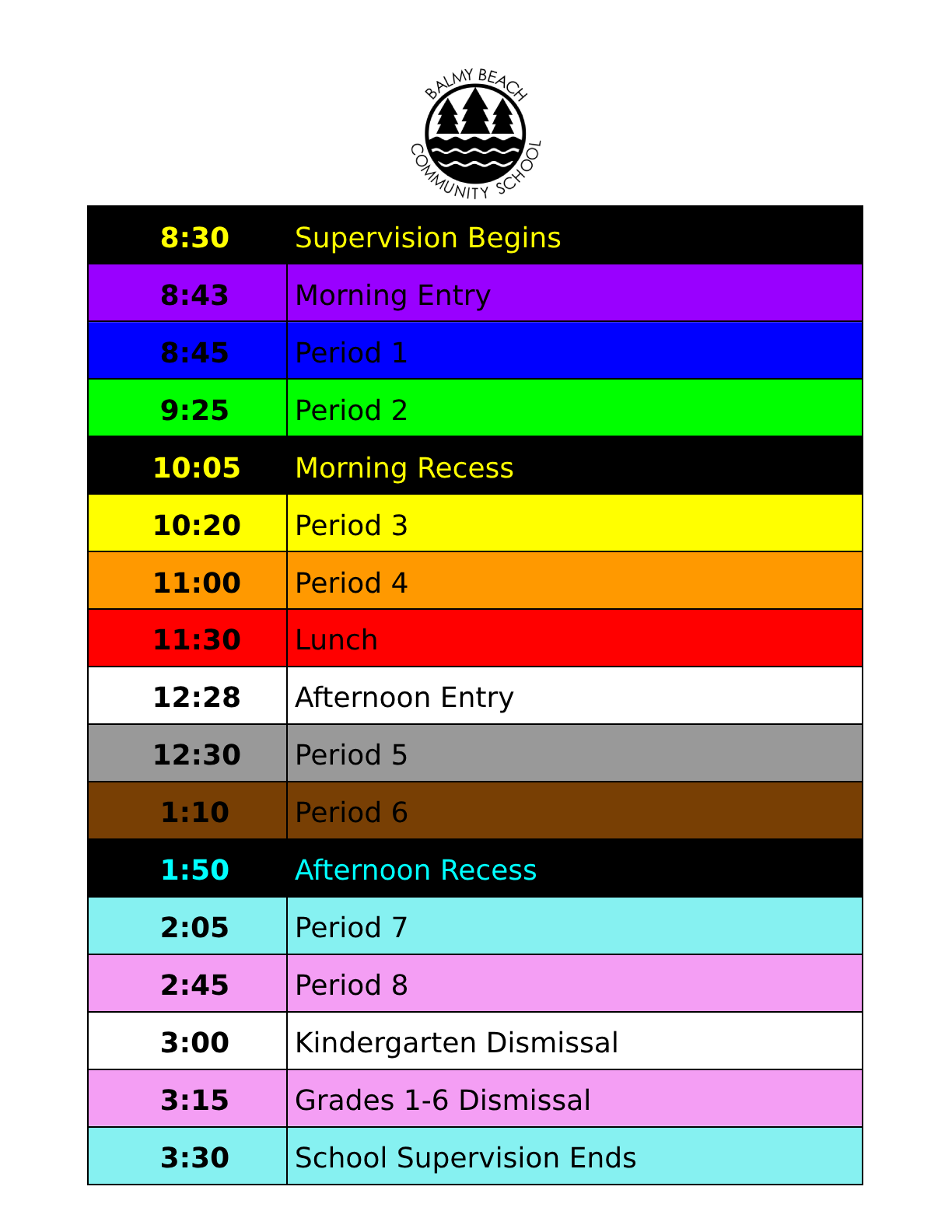 Balmy Beach School Day Schedule